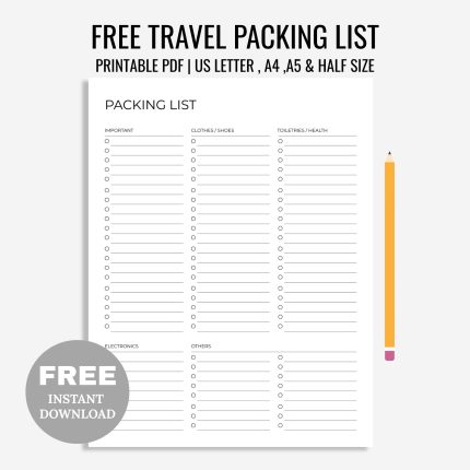 Free Printable Travel Packing List - Travel Documents, Electronics, Clothes and Shoes, Accessories, Toiletries / Health, ect..