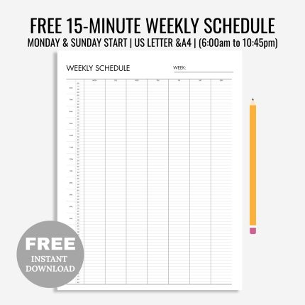 Free Printable 15 Minute Weekly Schedule, Time Blocking PDF, 7 Day Planner, Revision/Study Timetable, Productivity Planner