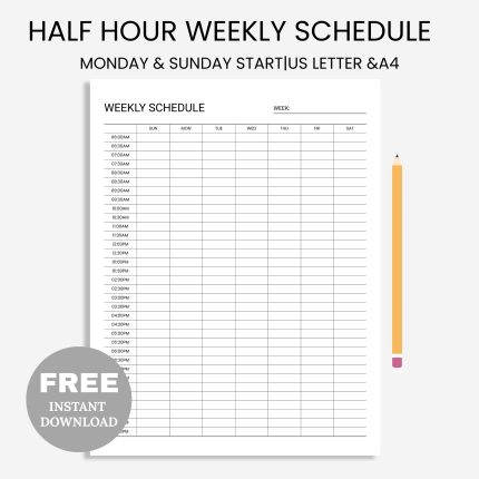 FREE Printable Half Hour Weekly Schedule PDF, Half Hour Daily Schedule Template, Daily Agenda, Hourly Schedule, Time Planner, Sunday/Monday Start