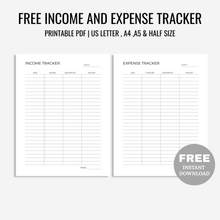 Free Printable Income And Expense Tracker PDF, Income Tracker, Expense Tracker, Financial Tracker, Monthly Budget Overview, Business Money Organizer, A4/A5/Letter/Half, Instant Download