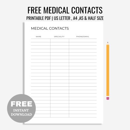 Free Printable Medical Contact PDF, Healthcare Contacts, Doctor Contacts, Wellness Printable, Family Planner, A4/A5/Letter/Half Size