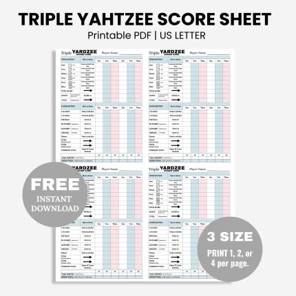 printable Triple Yahtzee score sheets 4 per page