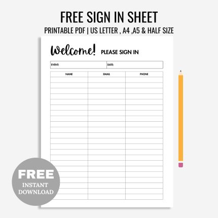 Free Printable Sign In Sheet Printable PDF, Open House Sign In Sheet Template, Meeting Sign In Sheet Printable PDF