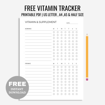 Daily Vitamin Tracker Printable, Supplement Checklist, Vitamin İntake Reminder, Fitness and Health Planner, A4/A5/Letter/Half Size