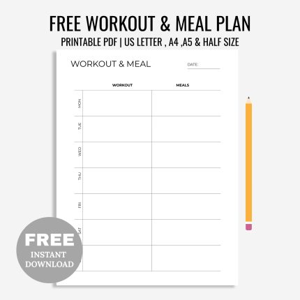 Free Printable Weekly Workout & Meal Planning Printable, Exercise Planner, Menu Planner, Fitness Planner, Health Planner, A4/A5/Letter/Half Size